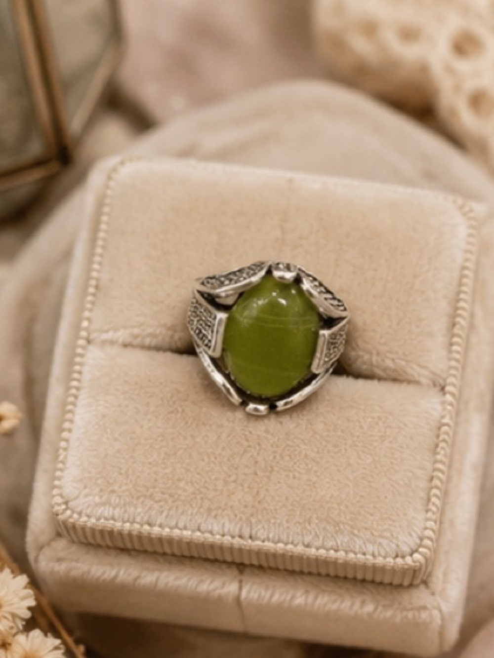 Vintage Boho Green Jade Statement Ring | Silver Cocktail Ring